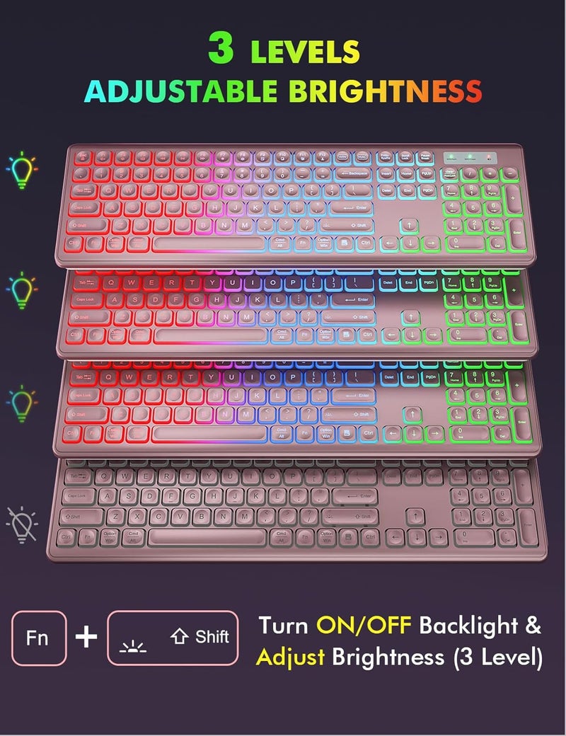 Trueque Wireless Keyboard and Mouse Combo, RGB Backlit, Rechargeable & Light Up Letters, Full-Size, Soft Typing, Sleep Mode, 2.4GHz Quiet Keyboard Set for Mac, Windows, Laptop, PC, (Rose Pink) - Image 2
